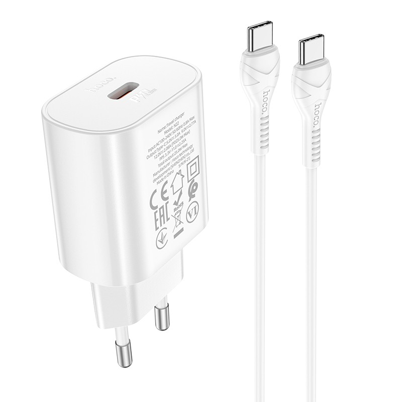 Laadija Hoco N22 25W USB-C + USB-C to USB-C kaabel 1.0m valge