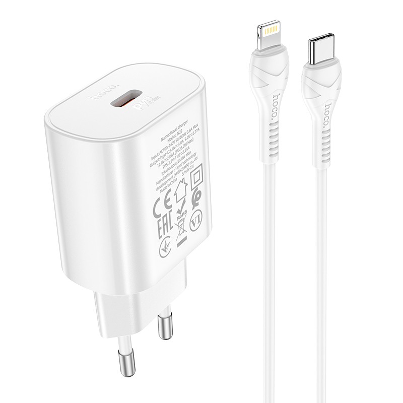 Laadija Hoco N22 25W USB-C + USB-C to Lightning kaabel 1.0m valge