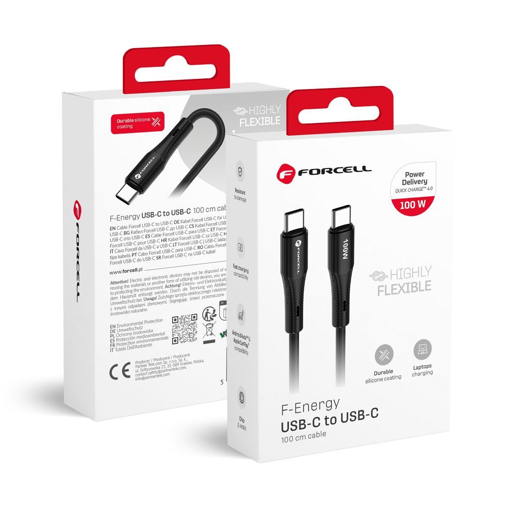 Cable USB C to USB C Forcell F-Energy QC4.0 PD 5A 100W Silicone 1 m C347 black