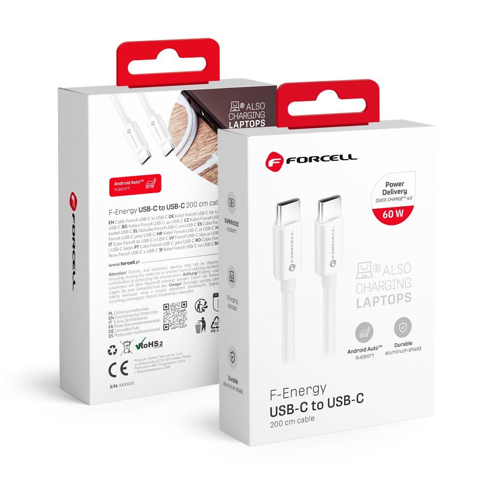 Kaabel USB C to USB C Forcell F-Energy QC4.0 PD 3A 60W 2 m C338 valge