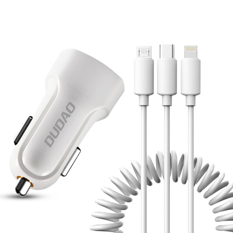 Dudao car kit charger 2x USB 2.4A + cable USB 3in1 Lightning / Type C / micro USB cable valge (R7 valge)