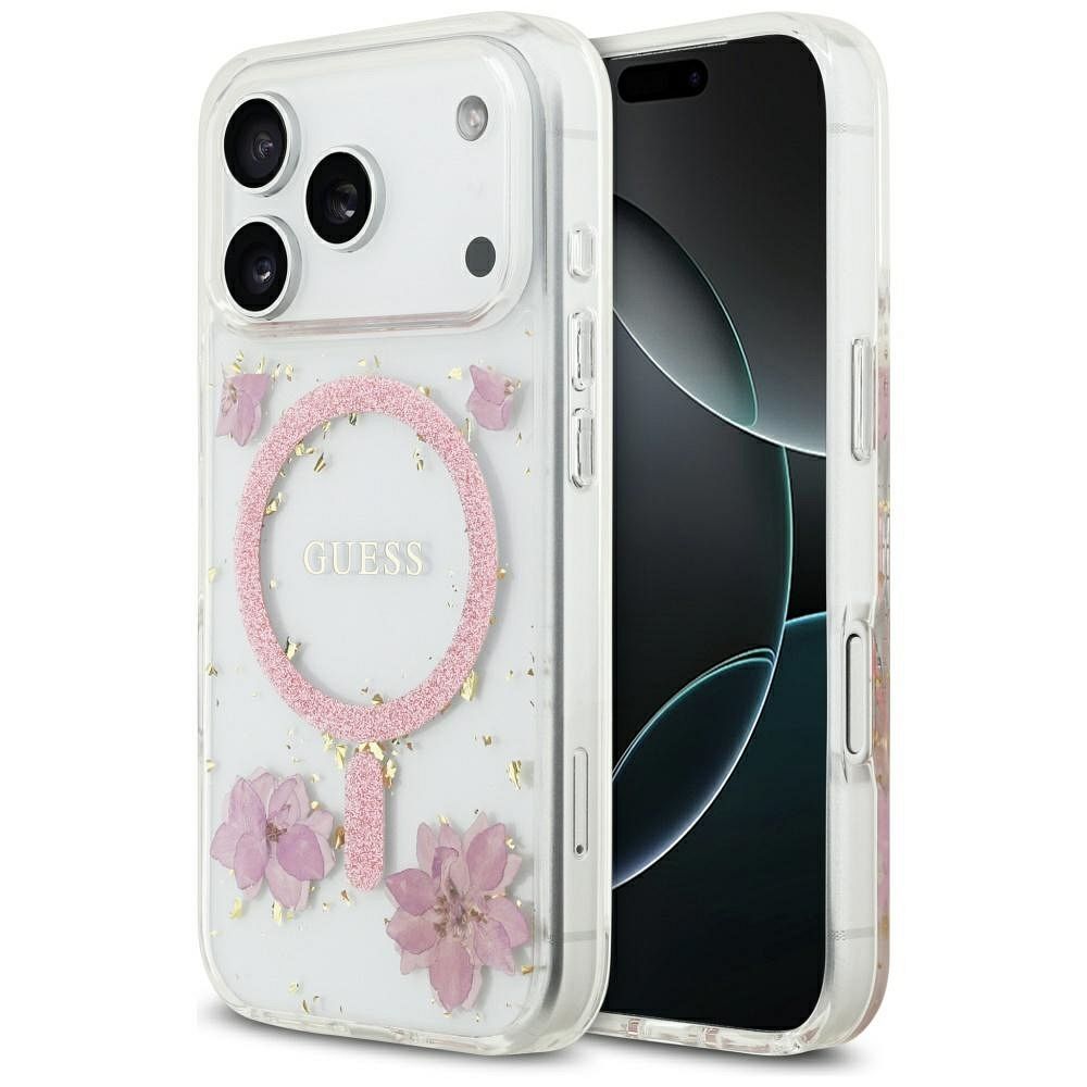 Чехол GUESS для IPHONE 17 Pro совместимый с MagSafe GUHMP17LRBFGFGMP (Resin Flowers and Glitter) розовый