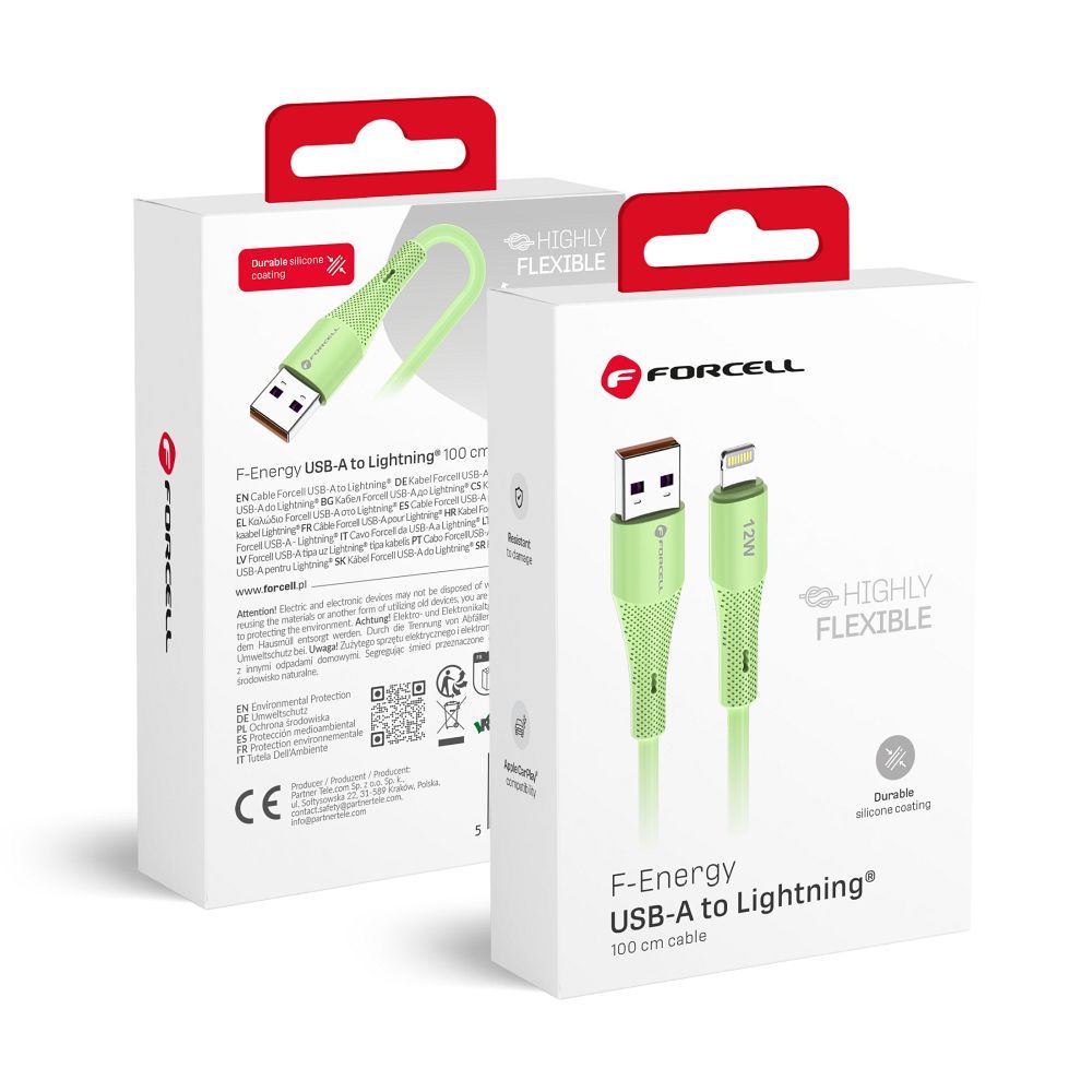 Kaabel USB A to Lightning Forcell F-Energy 2,4A 12W Silikoon 1 m C343 roheline