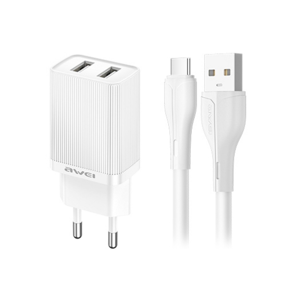 Laadija Awei C15T-EU 10W 2xUSB-A + USB-A to USB-C kaabel 1.0m valge