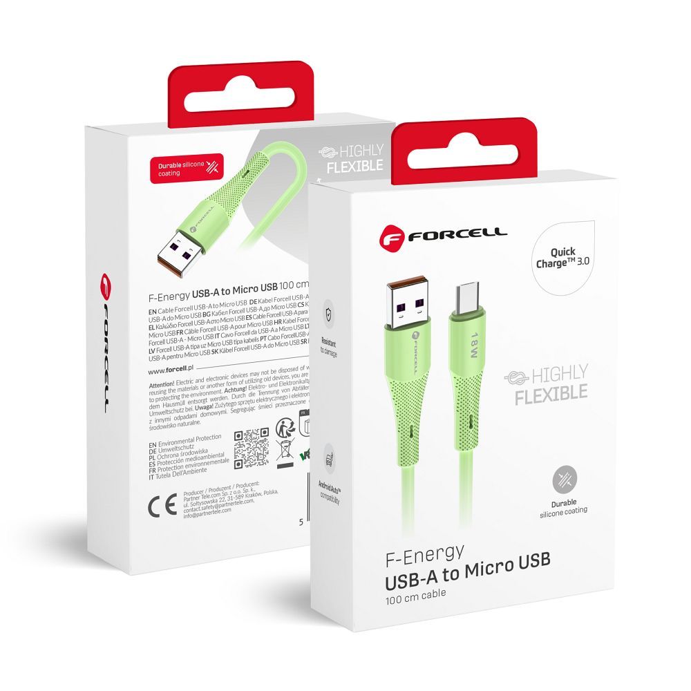 Kaabel USB A to Micro USB Forcell F-Energy QC3.0 2,4A 18W Silikoon 1 m C341 roheline
