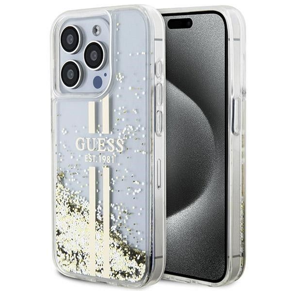 GUESS ümbris jaoks IPHONE 15 Pro GUHCP15LLFCSEGT (Liquid Glitter kuldne Stripes) läbipaistev