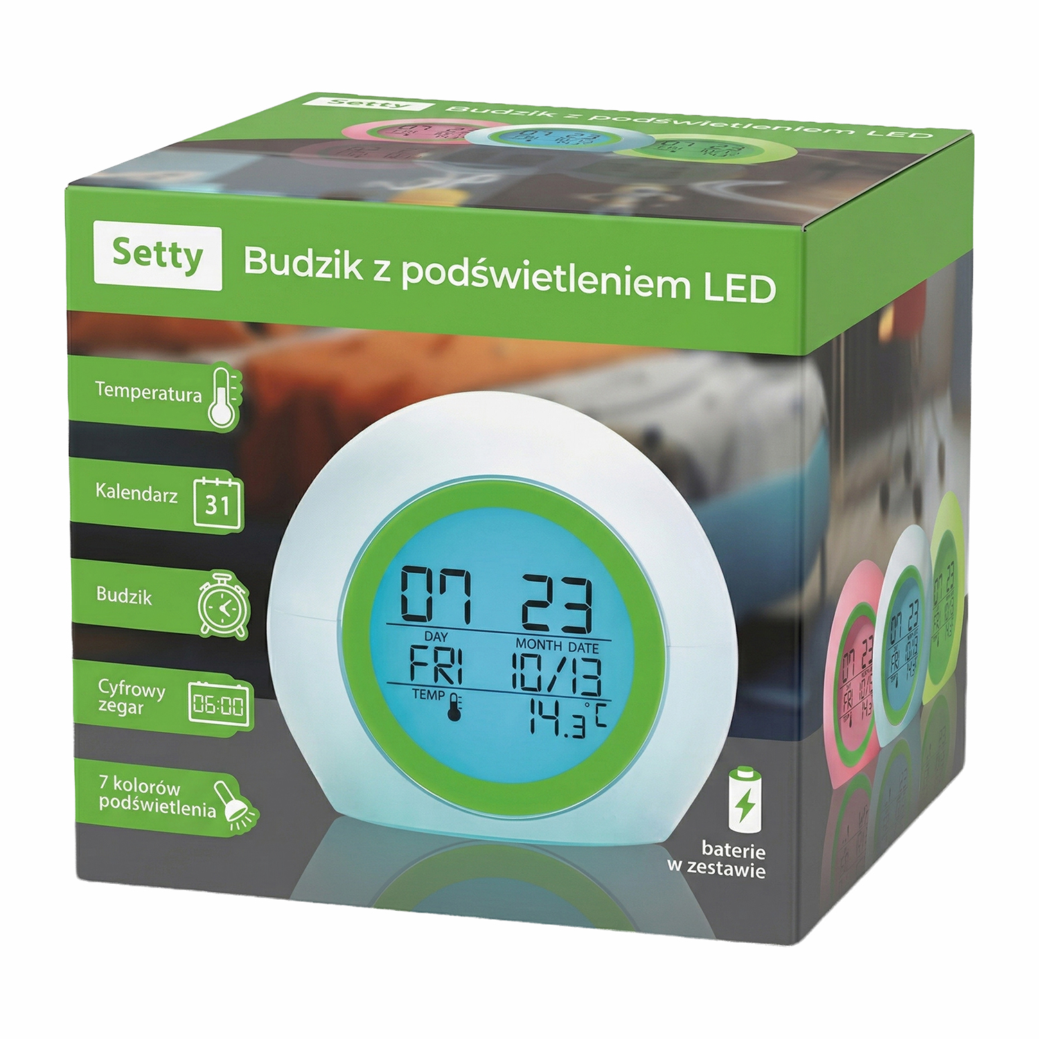 Setty будильник с LED подсветкой зелёный