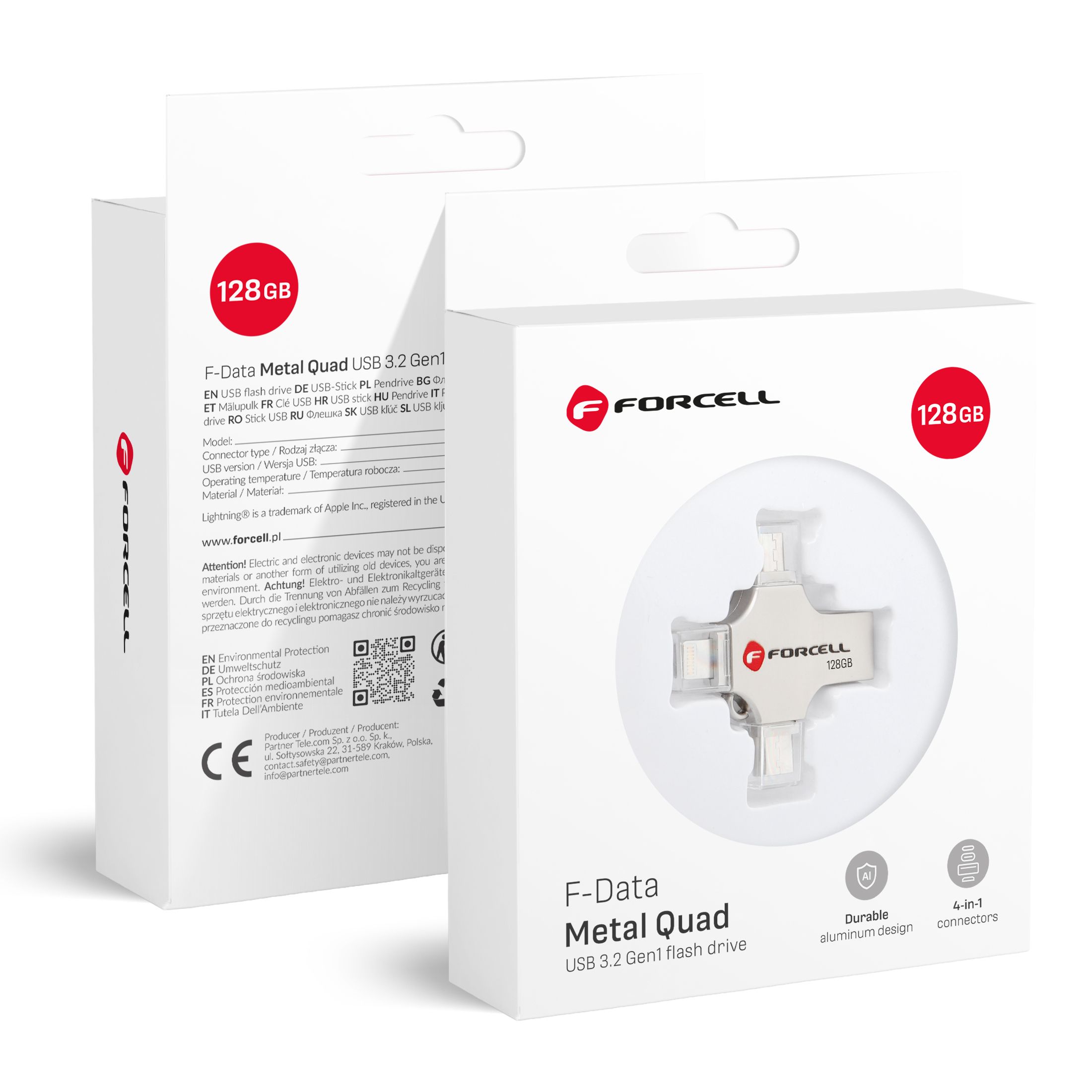 Pendrive 128GB USB 3.2 Gen 1 (USB A / USB C / Lightning / Micro USB) Forcell F-Data Metal Quad hõbedane