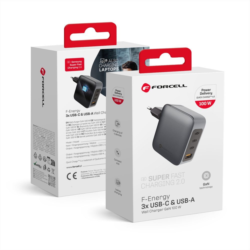 Phone laadija Forcell F-Energy GaN 3 x USB C + USB A QC4.0 PD 5A 100W VT-46 hall