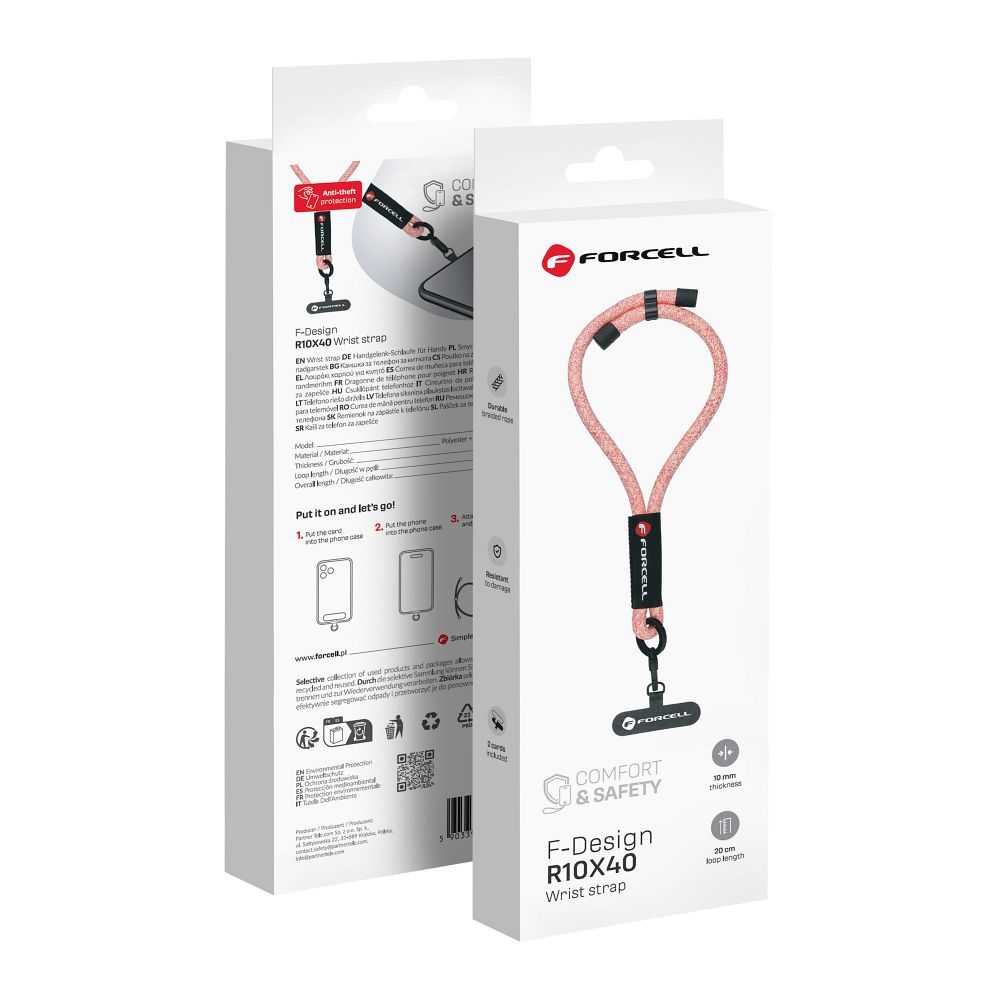 FORCELL F-DESIGN R10X40 wrist phone lanyard with adjustable length (max 20cm in the loop) roosa valge