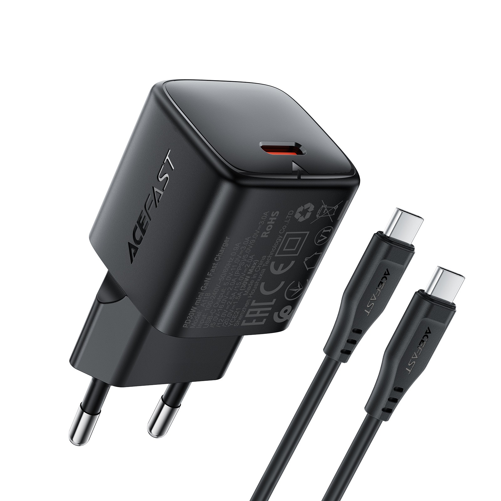 Laadija Acefast A118 30W GaN USB-C + USB-C USB-C-le kaabel 1.2m must