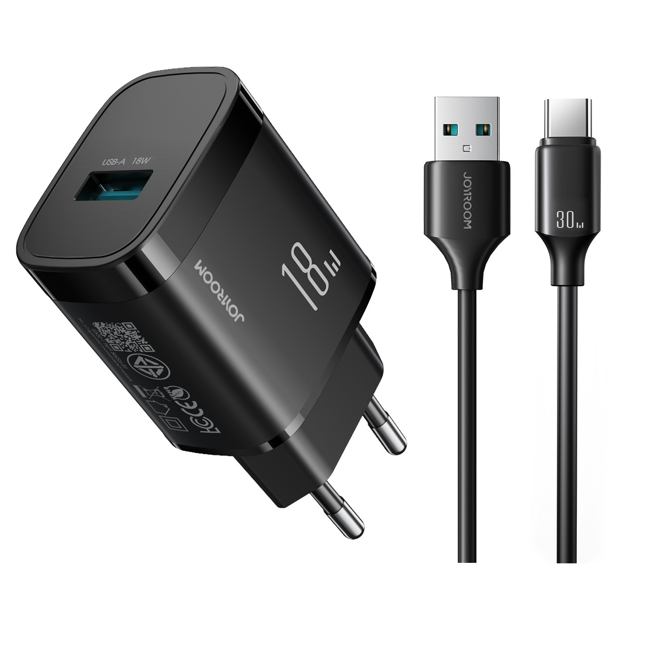 Joyroom JR-TF4 18W seinalaadija 3A USB-A - USB-C 1m kaabliga must