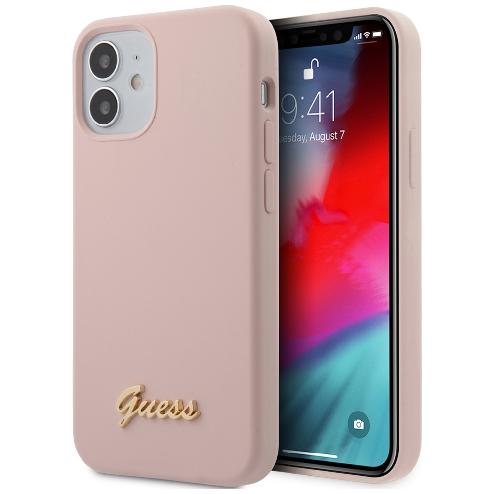 Guess GUHCP12SLSLMGLP iPhone 12 mini 5.4" светло-розовый/светло-розовый жёсткий чехол Silicone Script Gold Logo