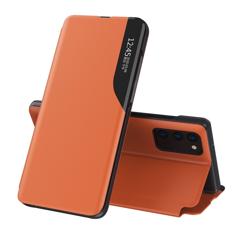 Eco Leather View Case elegantne raamaturiiuli tüüpi ümbris koos jalutusalusega Samsung Galaxy A72 4G oranžile