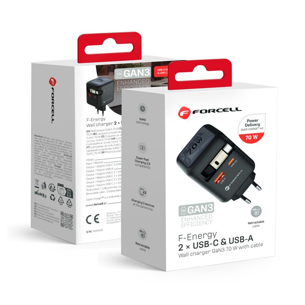 Phone laadija Forcell F-Energy GaN USB C + USB A + retractable kaabel USB C PD QC4.0 3A 70W VT-R7 hall