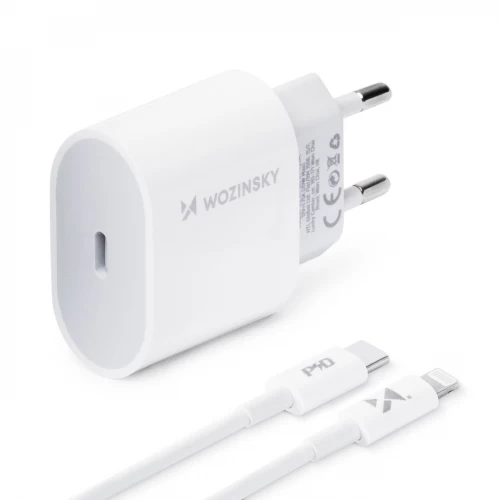 Laadija Wozinsky Quick Charge, valge PD 20W + Type-C / Lightning valge kaabel 100cm