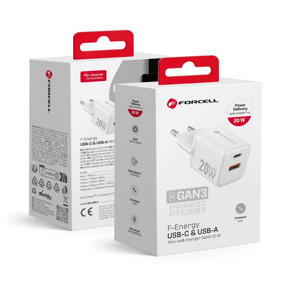 Phone laadija Forcell F-Energy Mini GaN III USB C + USB A QC4.0 PD 20W VT-35A valge 0INT