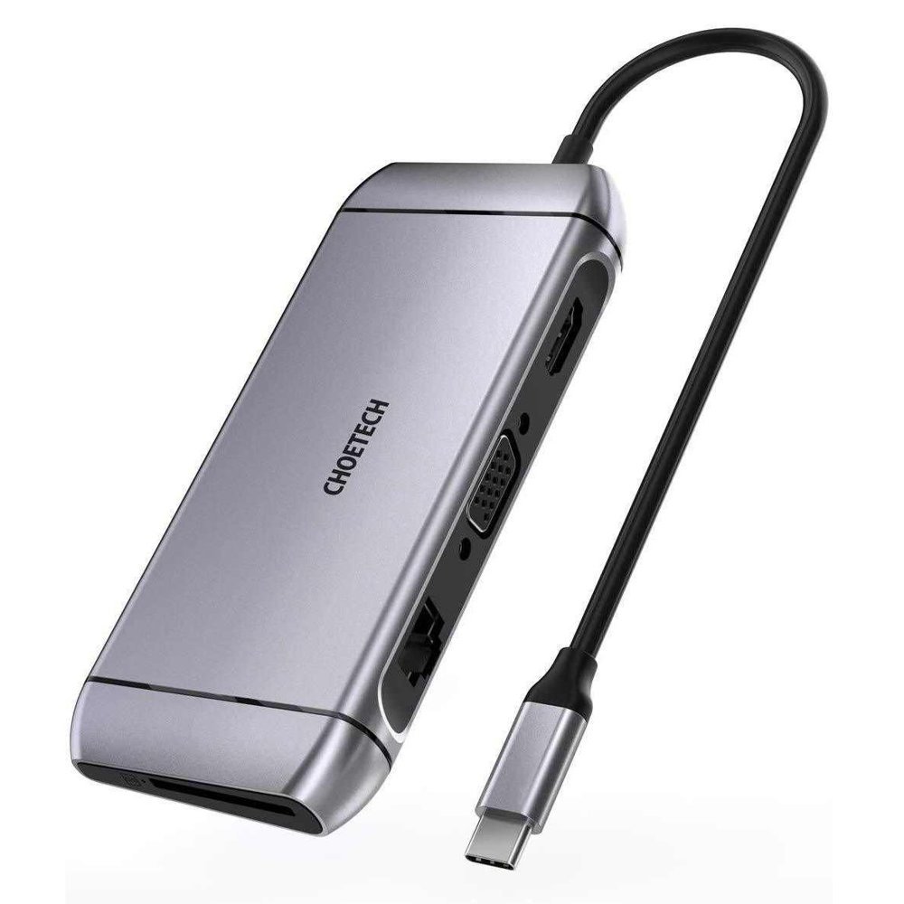 Choetech 9in1 multifunctional USB tüüp C HUB - 3x USB 3.2 Gen 1 / SD and TF mälukaart reader / HDMI 4K 30Hz / VGA Täis HD 60Hz / USB tüüp C / RJ45 hall (HUB-M15 hall)