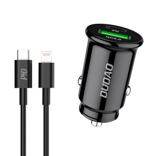 Autolaadija Dudao "R3PRO" Must (1xUSB / 1xUSB-C / 18W) + "Type-C / Lightning" kaabel