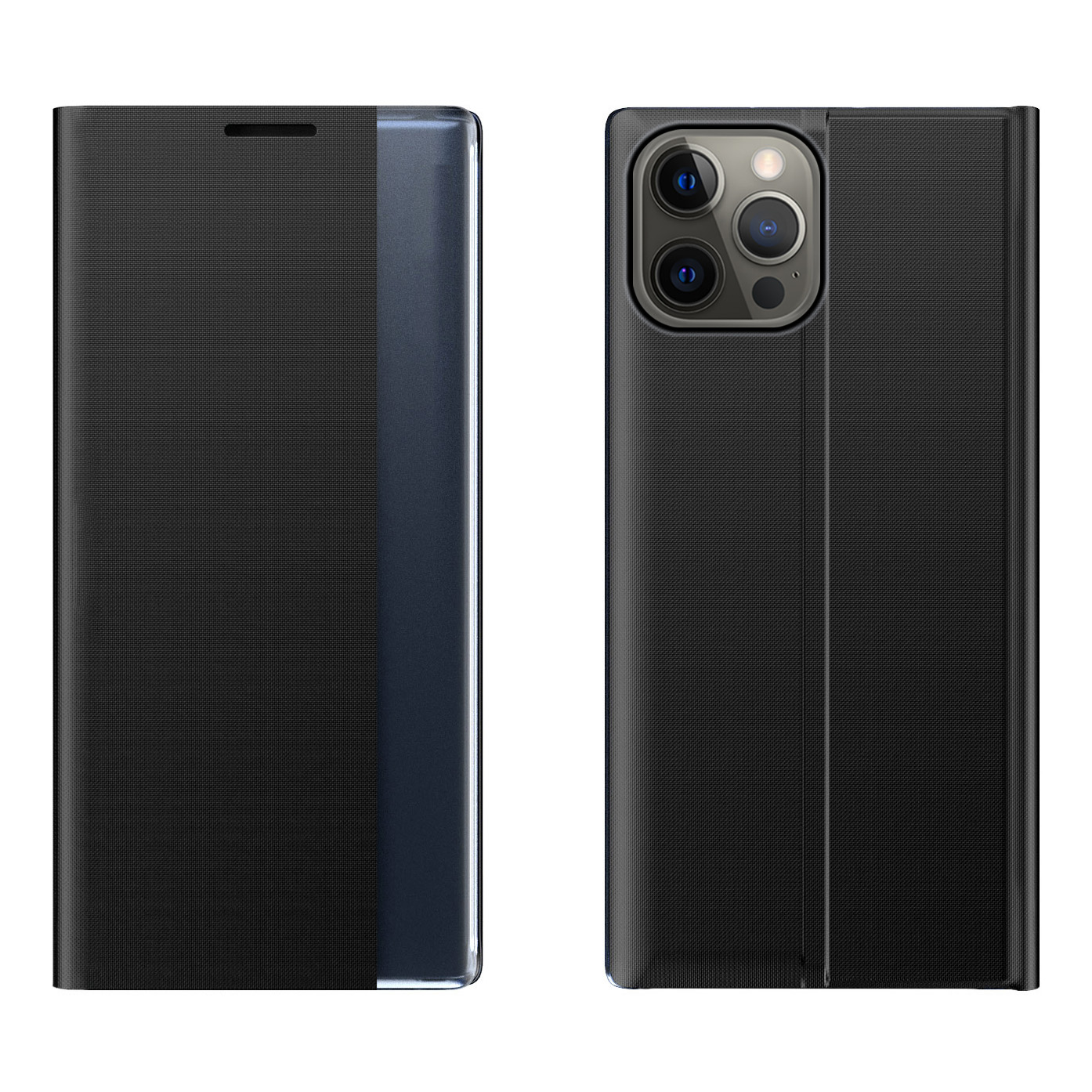 Sleep Case raamaturiiuli tüüpi ümbris nutika aknaga iPhone 13 Pro jaoks must