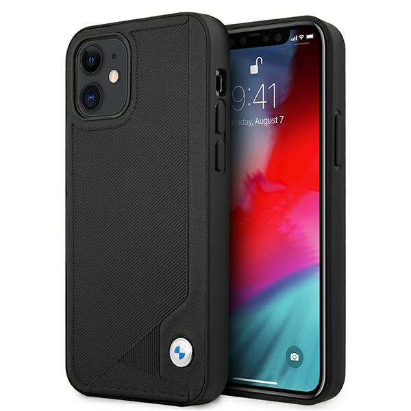 BMW nahast Deboss ümbris iPhone 12 mini jaoks - must