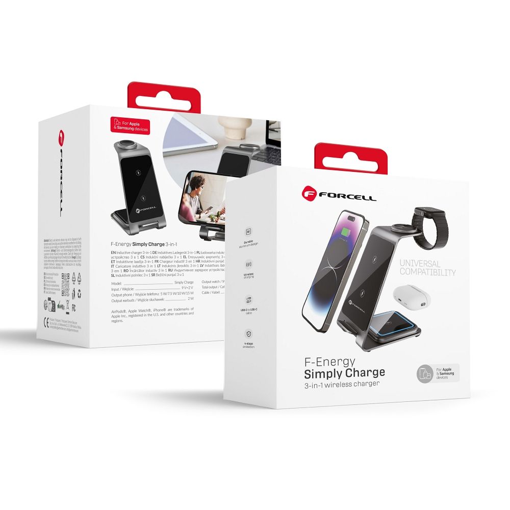 Беспроводное зарядное устройство Forcell F-Energy 3in1 Simply Charge алюминий совместимо с Apple Watch и Samsung Watch серый