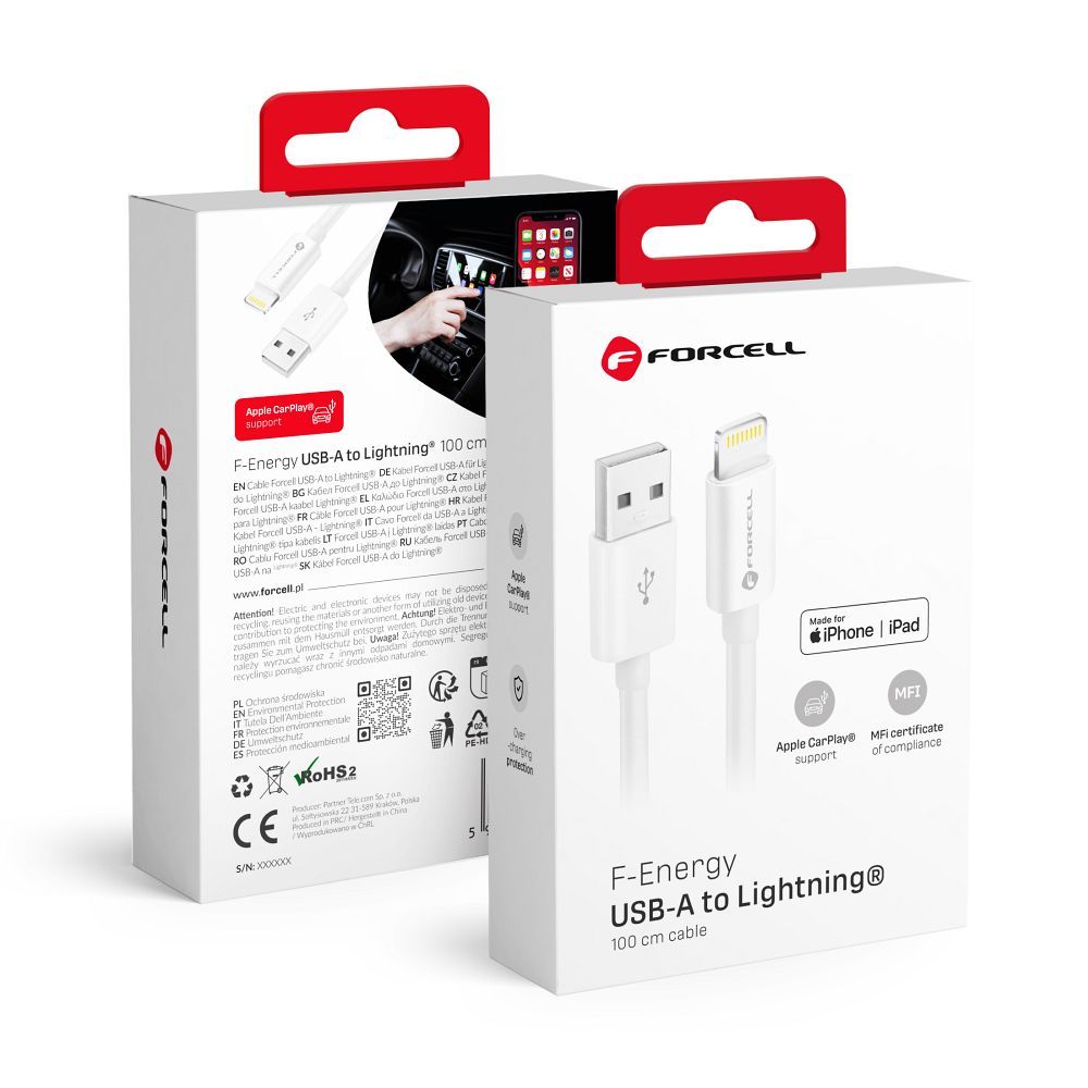 Kaabel USB A to Lightning Forcell F-Energy MFi 2,4A 12W 1 m C703 valge