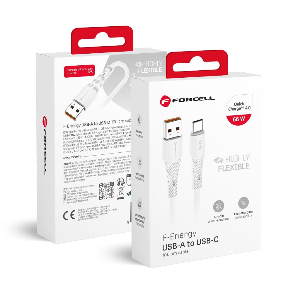 Kaabel USB A to USB C Forcell F-Energy QC4.0 3A 66W Silikoon 1 m C342 valge