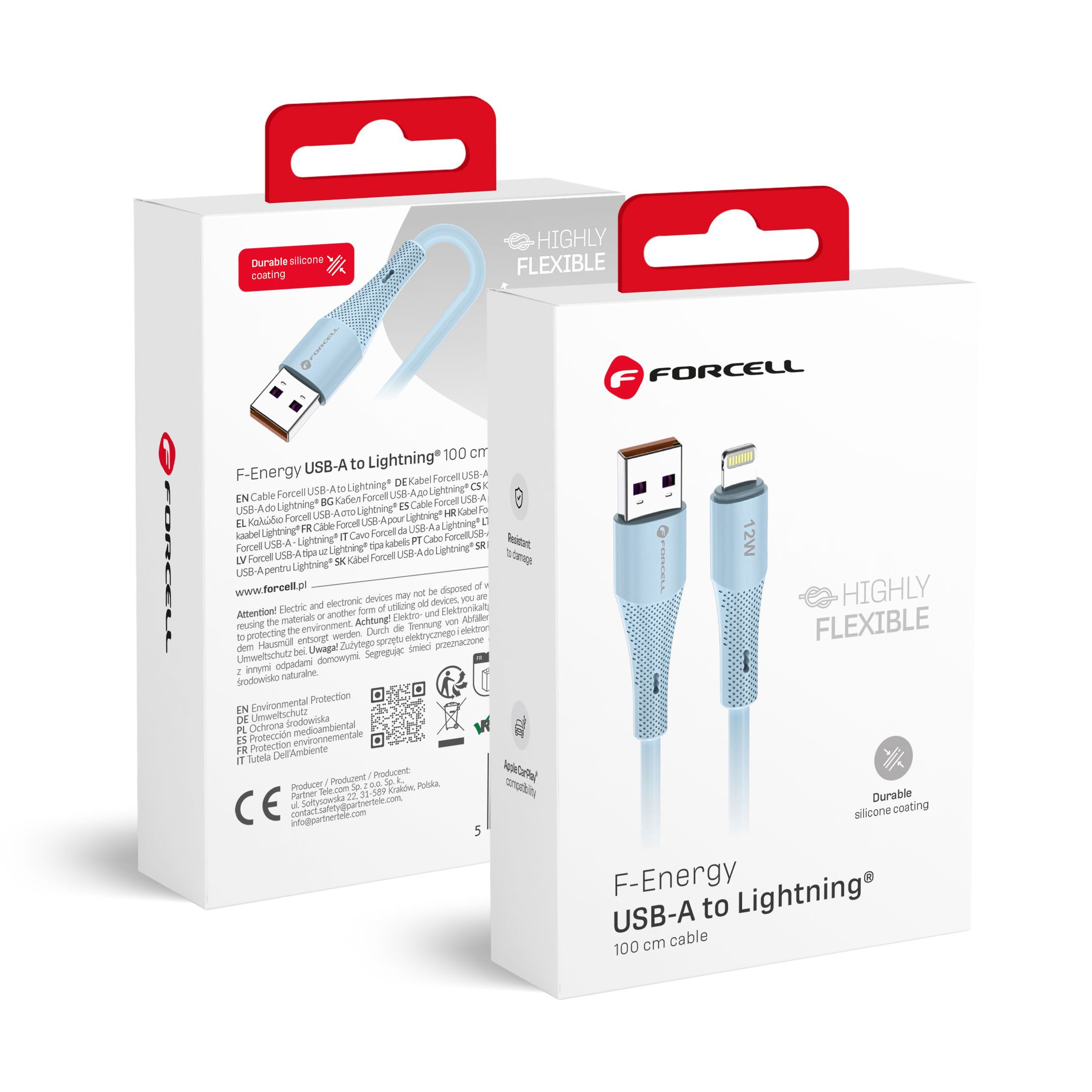 Kaabel USB A to Lightning Forcell F-Energy 2,4A 12W Silikoon 1 m C343 sinine