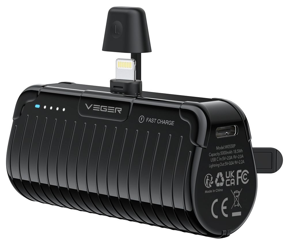 Powerbank Veger PlugOn (W0558P) PD QC3.0 2,4A 20W 5000 mAh with a built-in connector Lightning must
