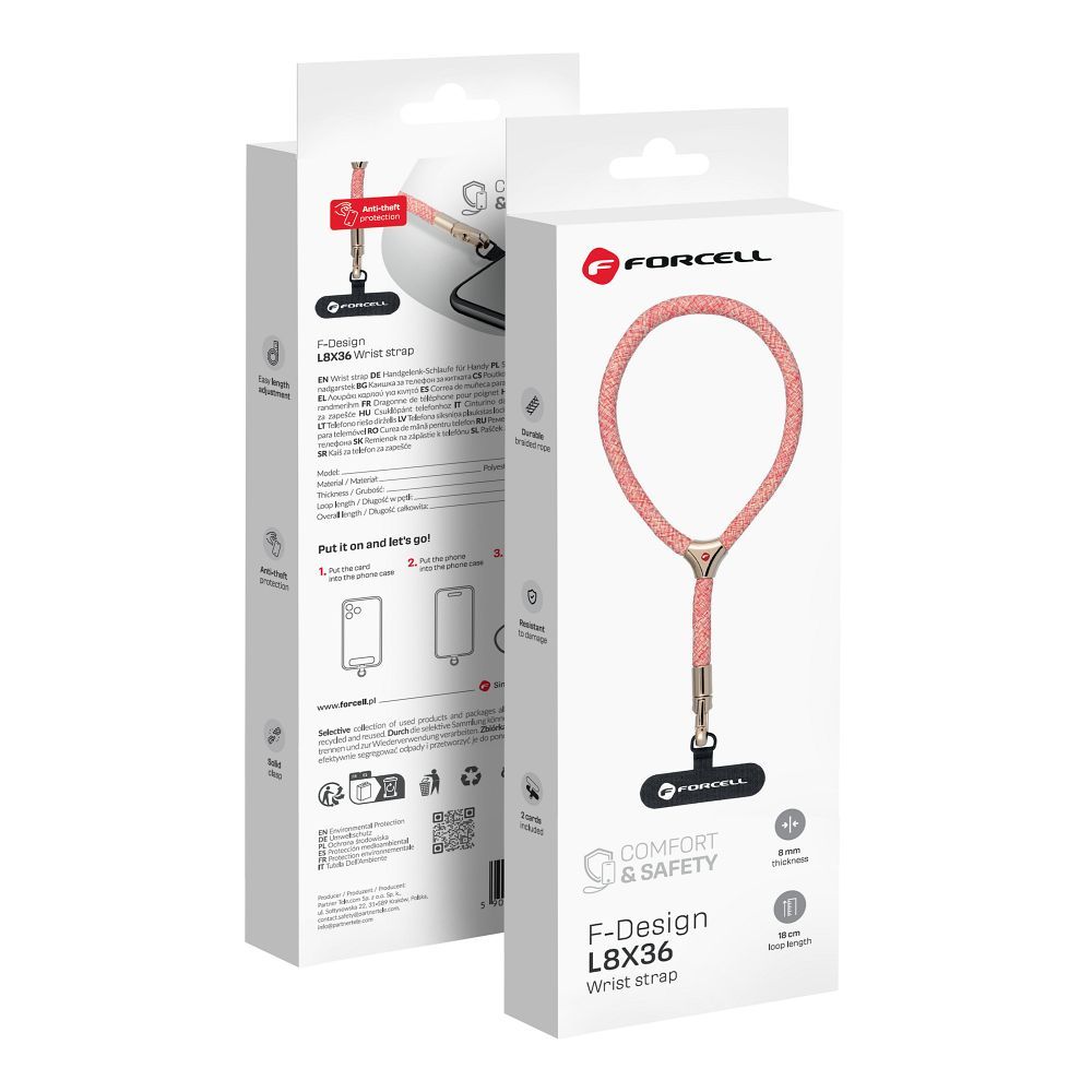 FORCELL F-DESIGN L8X36 wrist phone lanyard with adjustable length (max 18cm in the loop) roosa valge