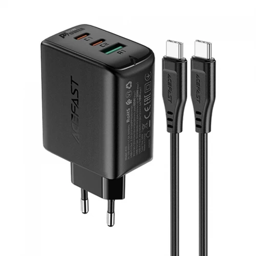 Laadija Acefast A13 must 65W (2xPD / 1xQC3.0) + Type-C / Type-C 120cm kaabel