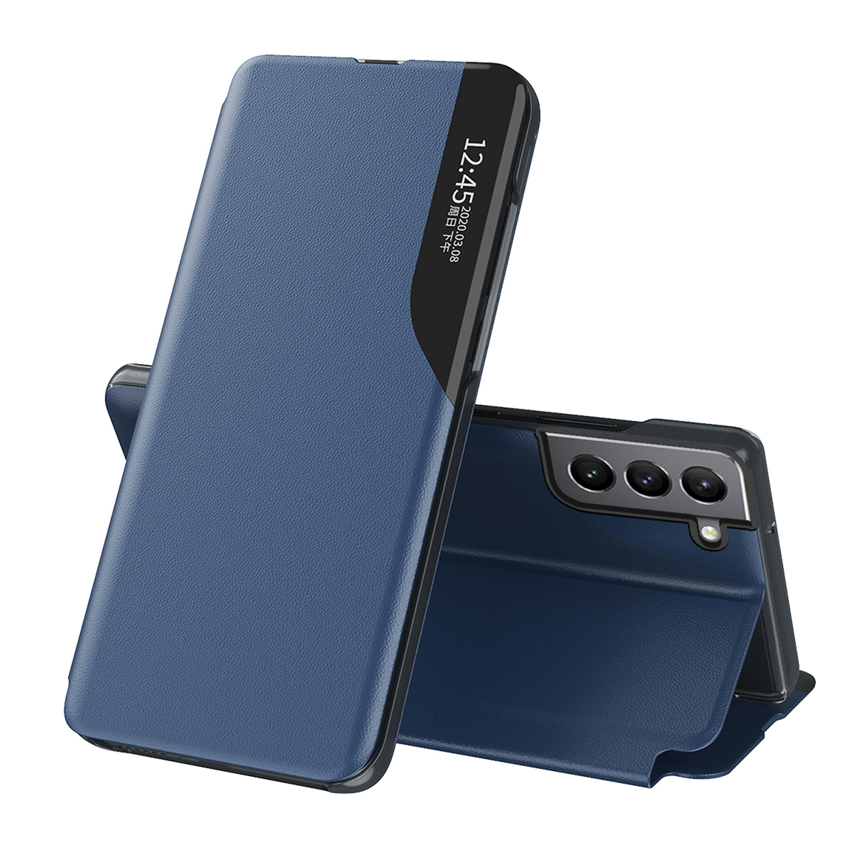 Eco Leather View Case elegantne ümbris Samsung Galaxy S22 + (S22 Plus) sinisele Samsung Galaxy S22 + (S22 Plus) klappkattega ja statiivi funktsiooniga ümbris