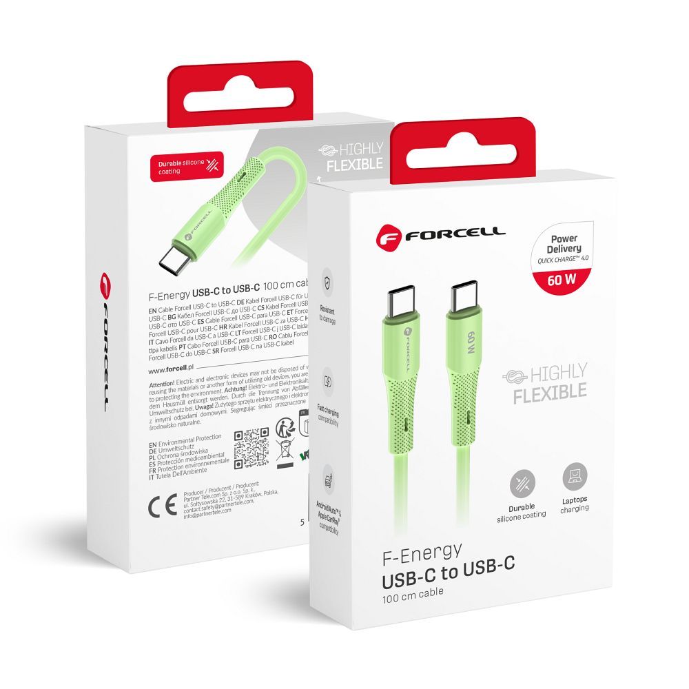 Кабель USB C to USB C Forcell F-Energy QC4.0 PD 3A 60W Silicone 1 m C344 зелёный