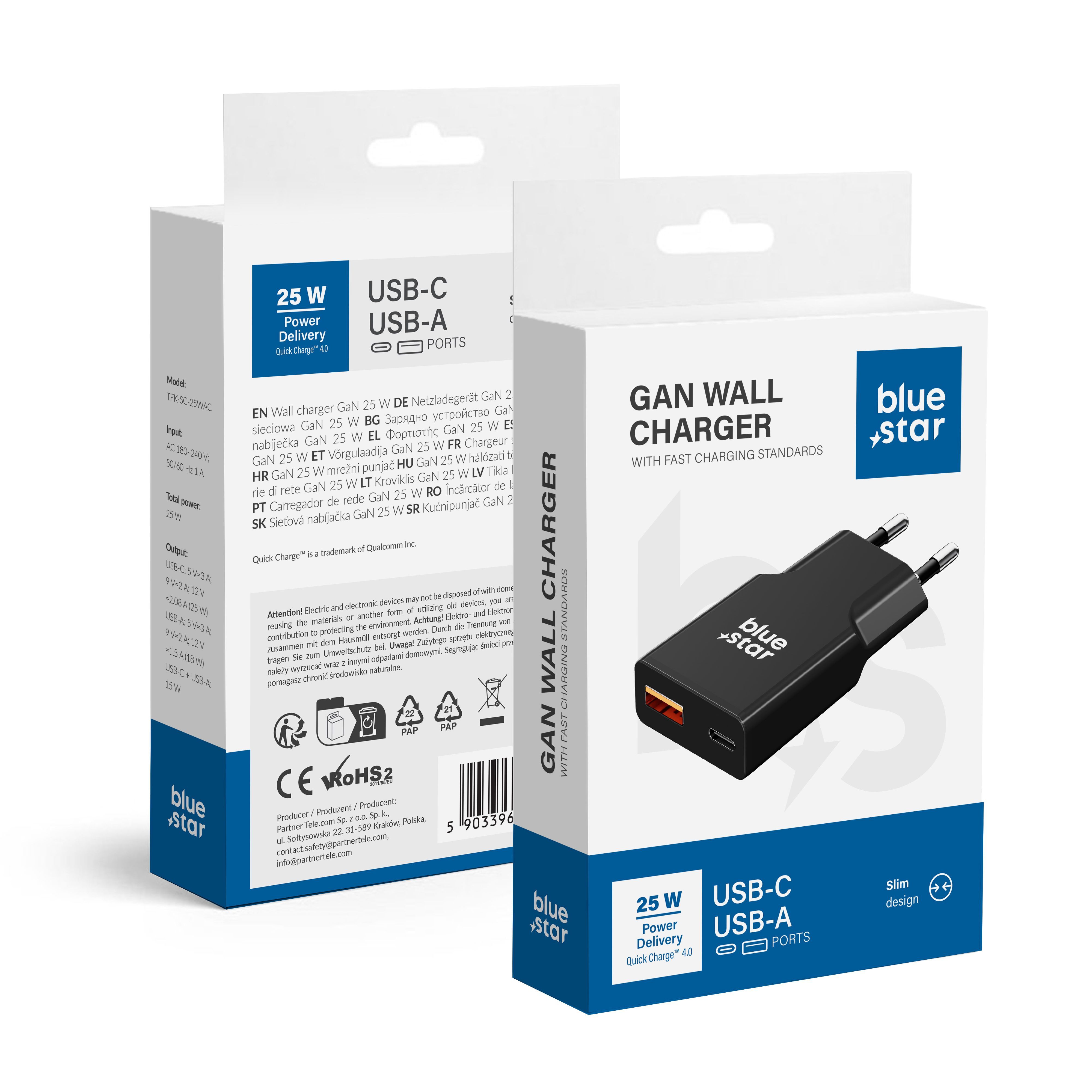 Phone Laadija sinine Star Slim GaN USB C + USB A QC4.0 PD 3A 25W TFK-SC-25WAC must