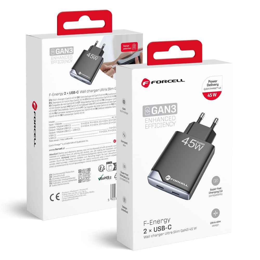 Phone laadija Forcell F-Energy Ultra Slim GaN III 2 x USB C PD QC4.0 3A 45W B245201(2C) must