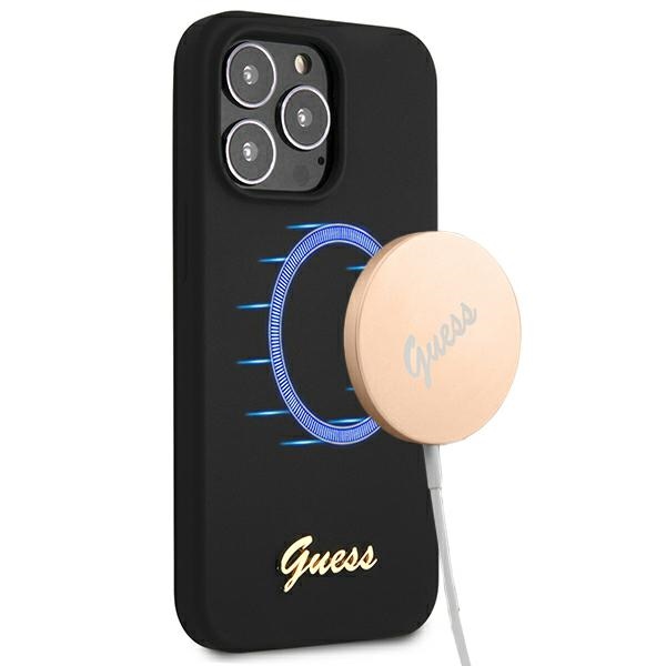 Guess GUHMP13XLSLMGBK iPhone 13 Pro Max 6.7" must/must kõvakaaneline Silikoonist kiri kuldne logo MagSafe