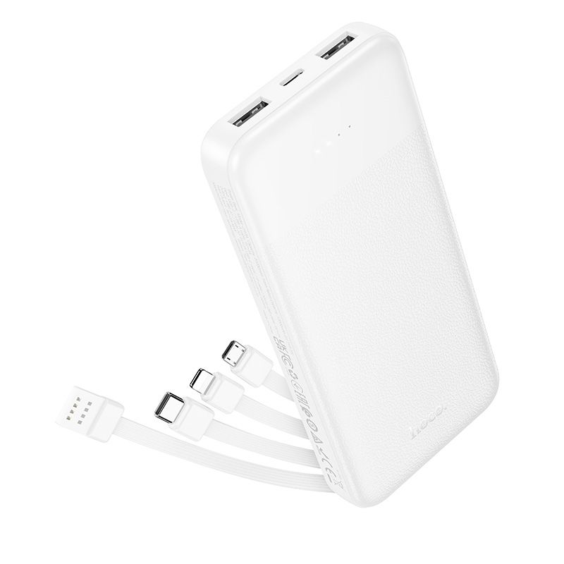 Akupank Hoco 10000 mAh 2A nelja sisseehitatud kaabliga USB A + USB C + Lightning + Micro USB J163 valge