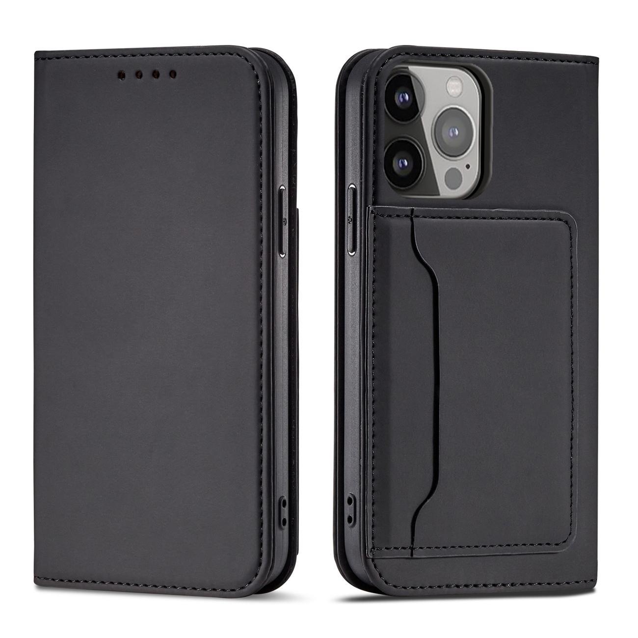 Magnet Card Case puhul iPhone 14 flip kate rahakott seisma must