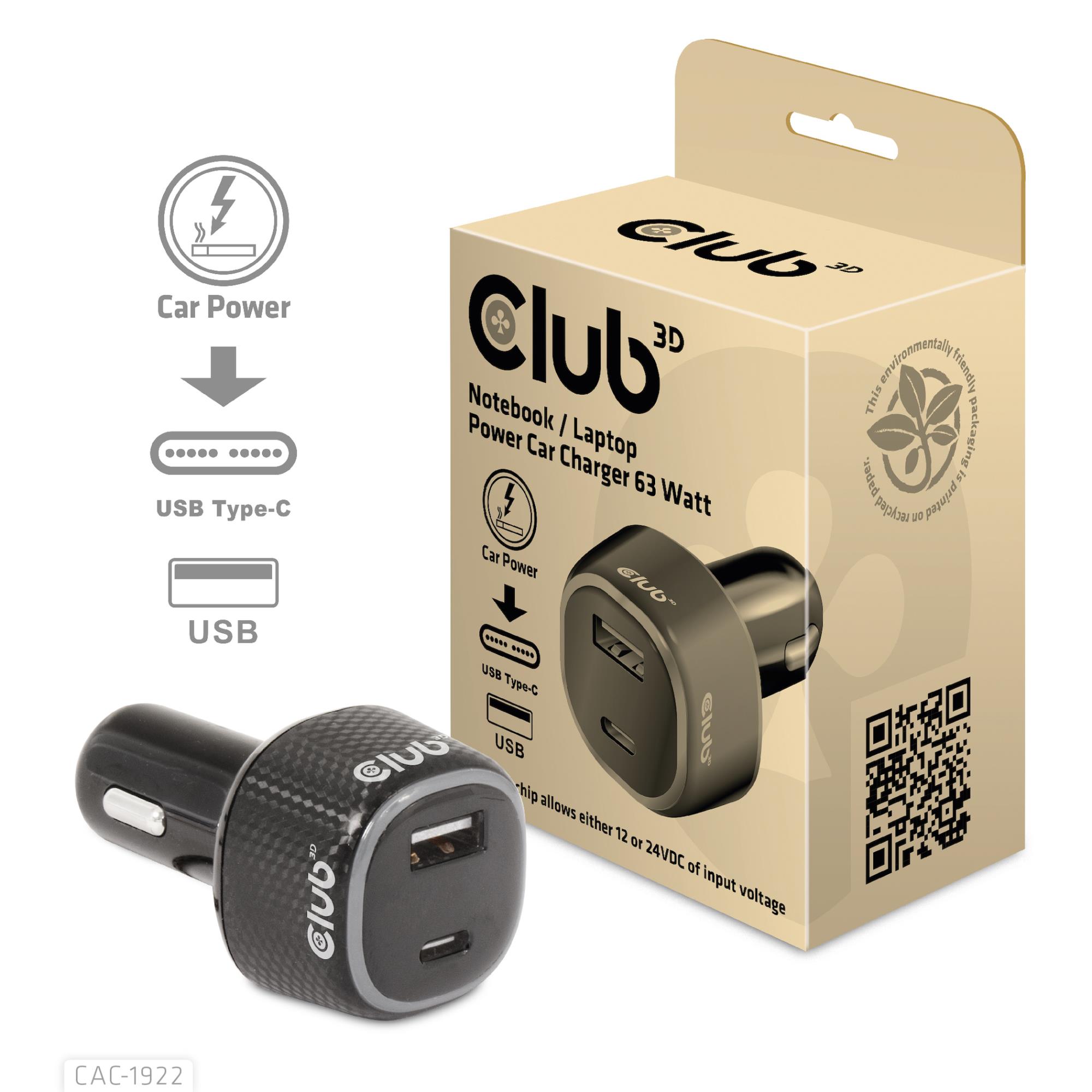 Sülearvuti autolaadija USB+USB-C 63W CAC-1922 Club3D