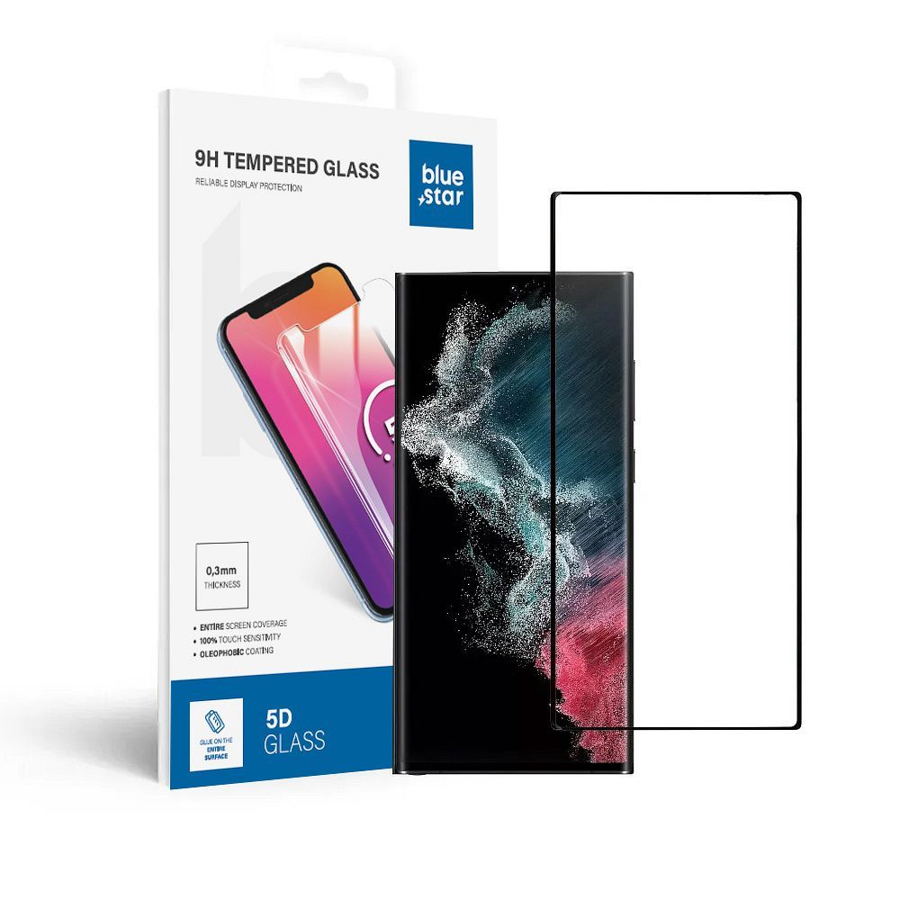 Karastatud klaas sinine Star - SAMSUNG Galaxy S22 Ultra Full Face (full glue/Ümbris friendly) - must Karastatud klaas sinine Star