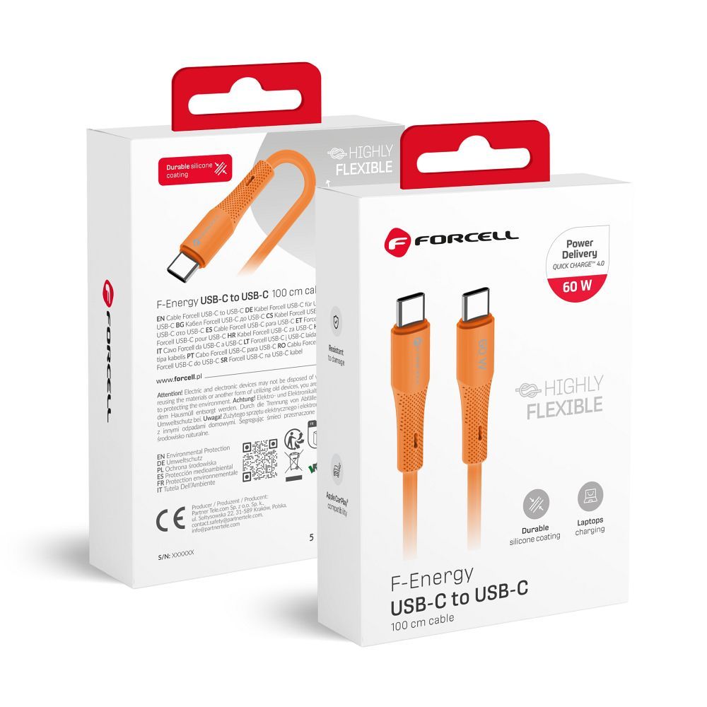 Kaabel USB C USB C Forcell F-Energy QC4.0 PD 3A 60W Silikoon 1 m C344 oranž