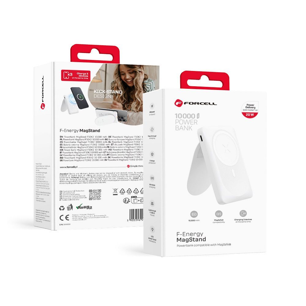 Powerbank compatible with MagSafe Forcell F-Energy MagStand F10K2 QC3.0 PD 5A 20W 10000 mAh valge