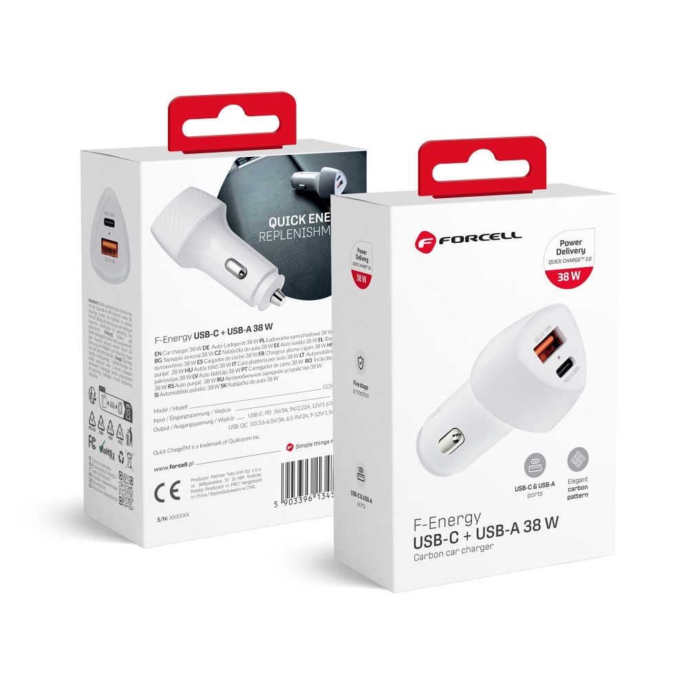 Car laadija Forcell F-Energy Carbon USB C + USB A QC3.0 PD 3A 38W CC50-1A1C valge
