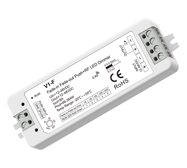 V1-F LED dimmer sisse- ja väljalülitusega, 12-48V, 1x 8A, nupudimmer