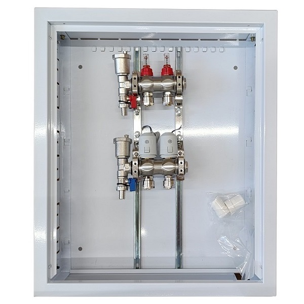 Heating Manifold 2 Loops koos Thermal Actuators NC AC230V ja Flow Meters
