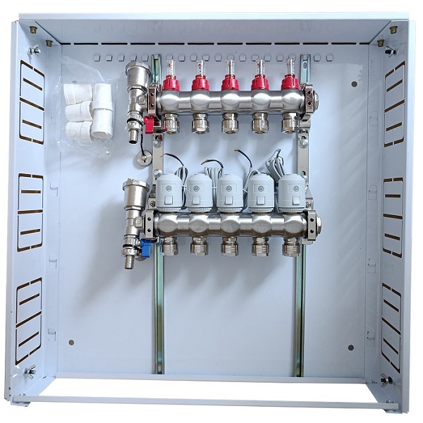 Heating Manifold 5 Loops koos Thermal Actuators NC AC230V ja Flow Meters