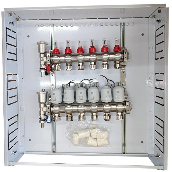Heating Manifold 6 Loops koos Thermal Actuators NC AC230V ja Flow Meters