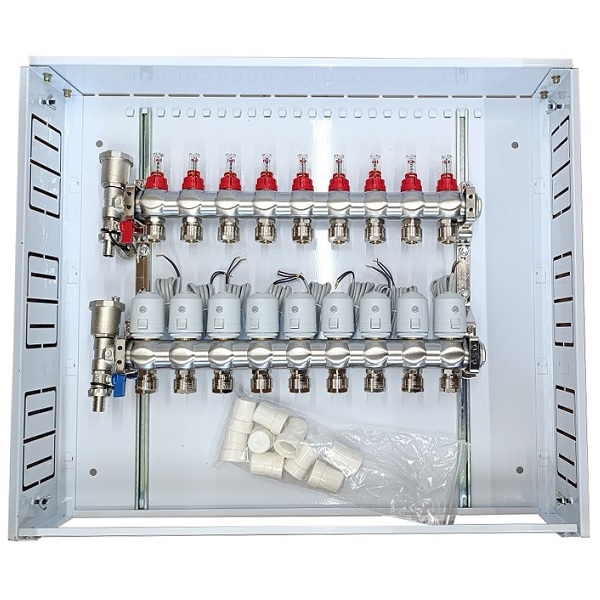 Heating Manifold 9 Loops koos Thermal Actuators NC AC230V ja Flow Meters
