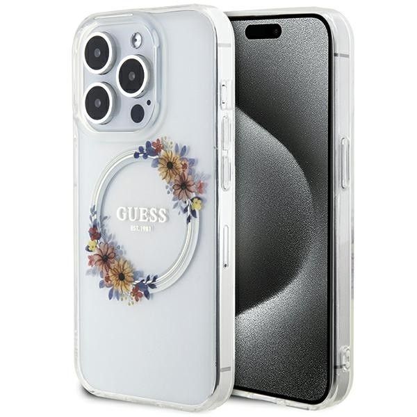 GUESS чехол для IPHONE 15 Pro Max совместимый с MagSafe GUHMP15XHFWFCT (Flowers Wreath) прозрачный